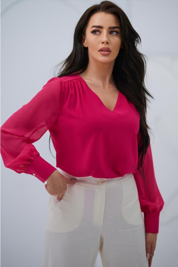 Elegancka bluzka damska z szyfonowym długim rękawem dekolt V mankiety z guzikiem - fuksja